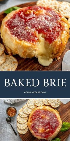 baked brie on a wooden board with crackers