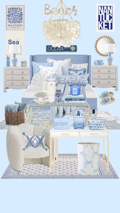 a blue and white living room is shown in this graphic art work with the words ocean written on it