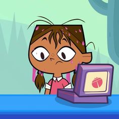 a cartoon girl holding an apple box in front of her face and looking at the screen