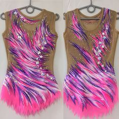 two pictures of a woman's leotard with pink and purple feathers on it