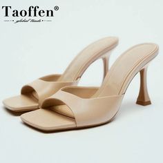 Taoffen New Women High Heel Sandals Square Toe Strange Heel Ladies Shoes for Summer Chic Ins Style Shoes Footwear Size 34-42 Beige Open Toe Heels, Beige Open Toe Mules With Heel Strap, Beige Open Toe Mules With Padded Heel, Beige Heels With Single Toe Strap For Summer, Beige Single Toe Strap Heels For Summer, Beige Square Toe Heels For Summer, Shoes For Summer, Nude Boots, Sichuan China