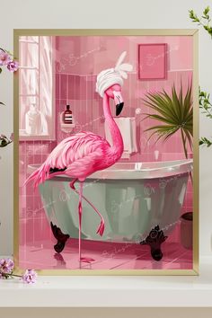 a pink flamingo is standing in the bathtub