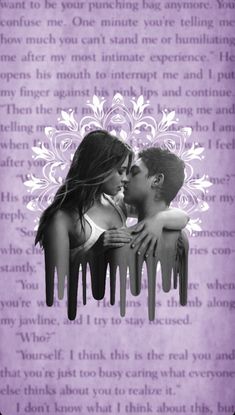 a man and woman kissing in front of a purple background with words that read i love you