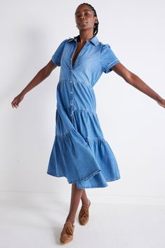 Feel confident and free in this Long Denim Dress. Its pleated design gives it a feminine flair that's perfect for warmer days. Button Down Pleated Loose Fit Midi Length 2 Side Pockets Casual Pleated Shirt Dress For Dress Down Occasions, Medium Wash Midi-length Dress With Buttons, Medium Wash Buttoned Midi Dress, Medium Wash Midi Length Dress With Buttons, Casual Button-up Pleated Midi Dress, Casual Button-up Pleated Dresses, Button-up Denim Dresses For Daywear, Medium Wash Daywear Dress With Button Closure, Medium Wash Button Closure Dress For Daywear