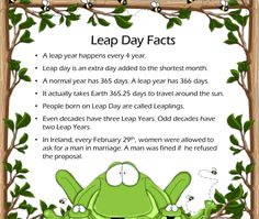 a green frog sitting on top of a wooden frame with the words leap day fact