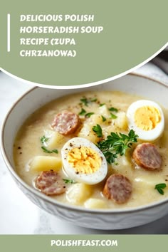 a bowl filled with soup and topped with hard boiled eggs, meats and parsley