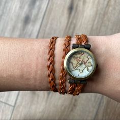 Skinny Braided Double Wrap Watch, With World Mad Design On The Face Of The Watch. Nwot, Never Worn. Map Watch, Mad Design, The Watch, Wrap Watch, Wood Watch, Accessories Watches, World Map, The Face, Women Accessories