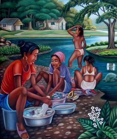 three women are washing dishes in the river