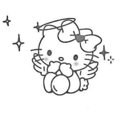 a drawing of a hello kitty with stars on her head and wings in the background