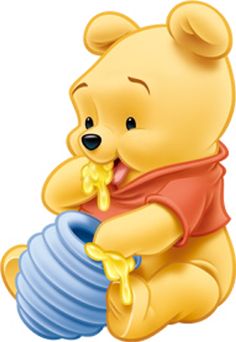 a winnie the pooh bear sitting on top of a blue pot with honey in it's mouth