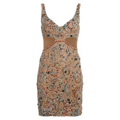 Roberto Cavalli Embellished Multicolor Paisley Cut Out Cocktail Dress Dazzling and statement, this carne tulle stretch dress features cut outs at the side and is cut in a sleek silhouette. Multicolored sparkling crystals are placed to create a bandana/paisley pattern. Featuring a V neckline, sleeveless design, side cut outs, knee length, and a back zipper closure. Brand new with tags. Made in Italy. Size: 40 (IT) Luxury Thoughts, College Formal Dresses, Simple Dresses Casual, Bandana Paisley Pattern, Rich Wardrobe, Formal Dresses Knee Length, Clothes Pieces, Vintage Roberto Cavalli, Roberto Dress