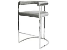 a modern bar stool with grey upholstered leather seat and chrome steel frame, viewed from the front