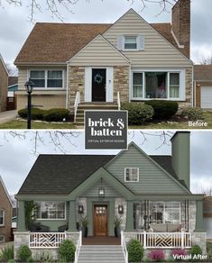 before and after pictures of a house with brick and batten siding on the front