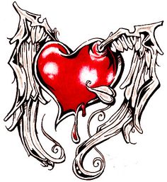 a heart with angel wings and blood dripping down the side, on a white background