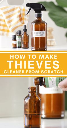 This thieves cleaner recipe uses castile soap and several essential oils to make your own natural multi-purpose cleaning spray from scratch. You don't need to buy thieves oil to make this spray. You can make your own homemade essential oil blend using rosemary, eucalyptus, clove, orange and cinnamon oils that works just as well as the pricier, premade thieves concentrate. Using Rosemary, Diy Detergent, Diy Cleaner, Orange And Cinnamon