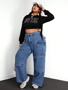 Plus Size Casual Washed Wide-Leg Cargo Jeans Blue    Denim Plain Straight Leg Non-Stretch  Women Plus Clothing, size features are:Bust: ,Length: ,Sleeve Length: Denim Cargo Pants, Denim Cargo, Jeans Cargo, Dark Jeans, Cargo Jeans, Plus Size Jeans, Inspiration Mode, Plus Size Casual, Kids Beachwear