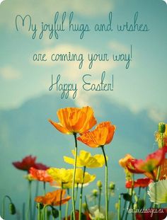 a field full of flowers with the words, my joy hugs and wishes are coming your way happy easter