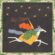 a drawing of a woman riding on the back of a white horse in front of stars