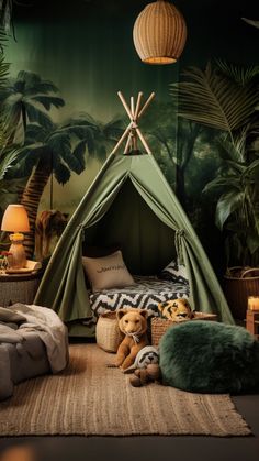 Kids Room Idea Kids Jungle Bedroom, Jungle Bedroom Kids, Arty Bedroom, Jungle Theme Kids Room, Jungle Theme Rooms