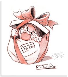 a drawing of a cartoon character in a bag with a bow on it's head