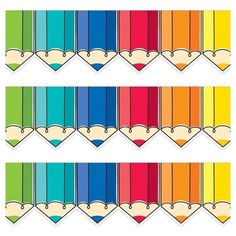 four rows of colored pencils with different colors and shapes on the top one row