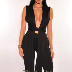 Brand New Xs Statement Design Done Right. Our Black Knit Two Piece Set Will Definitely Showcase Your Style With Its Wrap Around Design And Will Slim Your Waistline Just Right. Top Wrap Around Tie Up Detail Overlapping Front And Back Interchangeable Stretchy Fabric: 96% Poly - 4% Spandex Leggings Waistband Ribbed Stretchy Fabric: 96% Poly - 4% Spandex Note: This Is A 2 Piece Set - Includes Both Top And Leggings Black V-neck Vest For Night Out, Black Sleeveless Jumpsuits And Rompers For Date Night, Stretch Sleeveless Jumpsuits And Rompers For Going Out, Black Sleeveless Jumpsuits For Date Night, Chic Stretch Vest For Night Out, Black Stretch Vest For Night Out, Sleeveless Jumpsuits And Rompers For Spring Outings, Sleeveless Jumpsuits And Rompers For Spring Going Out, Sleeveless Jumpsuits And Rompers For Going Out In Spring