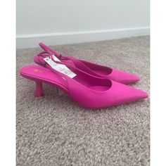 Gorgeous Hot Pink Leather Kitten Heel Sandals. Perfect For A Night Out Or For A Pop Of Color In The Office. Airlift Technical Insole Foam. Size 38. Kitten Heels Outfit, Pink Kitten Heels, Kitten Heel Sandals, Kitten Heel, Heel Sandals, Pink Leather, Shoes Women Heels, Kitten Heels, Sandals Heels