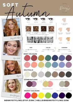 Soft Autumn Makeup, Autumn Color Palette Fashion, Soft Autumn Palette, Autumn Skin, Soft Autumn Color Palette, Soft Summer Color Palette, Soft Summer Colors, Spring Color Palette, Skin Color Palette