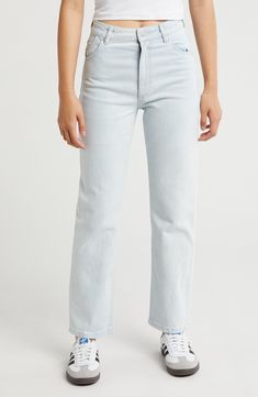 Every closet craves a pair of straight-leg jeans, and these original bottoms feature signature five-pocket styling and are made from lightly washed denim with a kiss of stretch. 28" inseam; 11" rise (size 26) Zip fly with button closure Five-pocket style 99% cotton, 1% elastane Machine wash, dry flat Imported Washed Denim, A Kiss, Denim Wash, Straight Leg Jeans, Leg Jeans, Nordstrom Rack, Denim Jeans, Straight Leg, Light Blue