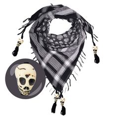 PRICES MAY VARY. ✔️ THE FINEST SKULL BEADED HALLOWEEN SCARF - Try this trendy large square skull bandana shemagh scarf for men and women. Made from Premium Cotton with skulls pattern woven into fabric, this is simply the finest skull scarf you can buy. Each corner of this skull scarf have a decorative tassel with hand crafted large SKULL BEAD 💀 . Size: 105 X 105 Cm ✔️ MULTIFUNCTIONAL SCARF WITH SKULLS - Perfect to wear as a skull neck gaiter, bandana scarf, neck scarf, head wrap, pirate bandana Tactical Scarf, Rockstar Costume, Halloween Scarf, Shemagh Scarf, Pirate Bandana, Skull Accessories, Halloween Party Dress, Scarf For Men, Goth Accessories