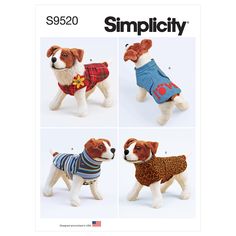 three dogs wearing sweaters in four different styles