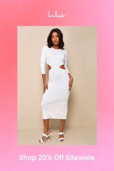 From resort restaurants to sunset walks on the beach, the Lulus Oasis Bound Ivory Long Sleeve Cutout Sweater Midi Dress is ready for all things vacay-related! Stretchy, medium-gauge sweater knit shapes this too-cute dress that features a crew neckline (with contrasting ribbed knit) and long sleeves. The fitted waist, with flirty twin side cutouts, sits atop a figure-flaunting bodycon skirt that falls to a modern midi hem with a kick pleat at the back. Fit: This garment fits true to size. Length: Mid-calf length. Size medium measures 50" from shoulder to hem. Bust: Great for any cup size. Waist: Fitted - stretchy fabric allows custom fit. Hip: Fitted - stretchy fabric allows room for hips. Undergarments: May be worn with any standard bra. Fabric: Fabric is very stretchy. Unlined. 50% Acryli Long Sleeve Midi Dress With Cutout For Summer, Long Sleeve Cutout Midi Dress For Summer, Cutout Long Sleeve Midi Dress For Summer, Summer Midi Dress With Cutout For Brunch, Summer Cutout Midi Dress For Brunch, White Midi Dress For Beach Party, White Cutout Beach Dress, White Midi Beachwear Dress For Brunch, White Midi Dress For Beach Season Brunch