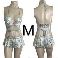 Silver Holographic Rave Mini Skirt Set Brand New Bear Dance Brand Size M True To Size Silver Holographic Rave Mini Skirt Set! Silver Holographic Set! Two Piece Set Holographic Design Halter Wrap Tie Bra Top Mini Skirt Stretchy Polyester/Spandex (Silv-Holo-2pc-M #838) Stock Reference Number ~~~~~~~~~~~~~~~~~~~~~~~~~~~~ 2-5 Items 15% Off & 6-10 Items 25% Off & 11+ Items 35% Off On Bundles & Save $$$ Dealdepends On How Many Items In The Bundle *!~Message Me On The Items, And I Will Create A Special Summer Dance Bottoms With Sequins, Festival Dance Skirt, Fitted, Fitted Festival Skirt For Dance, Festival Fitted Skirt For Dance, Fitted Skirt For Dance Festivals, Metallic Mini Skirt For Summer Club, Summer Club Metallic Mini Skirt, Metallic Mini Skirt For Summer, Summer Disco Mini Bottoms