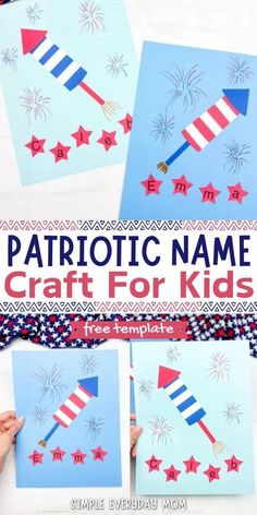 patriotic name craft for kids with fireworks and stars on the paper, in front of them