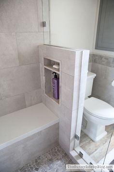 a white toilet sitting next to a walk in shower