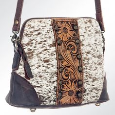 Small genuine leather tooled strip crossbody bag. Brown and white cowhide included. White Leather-lined Crossbody Shoulder Bag, White Leather Lined Crossbody Shoulder Bag, Western Wear For Women, Cow Hide, Leather Bags, Leather Tooling, Western Wear, New Bag, Accessories Design