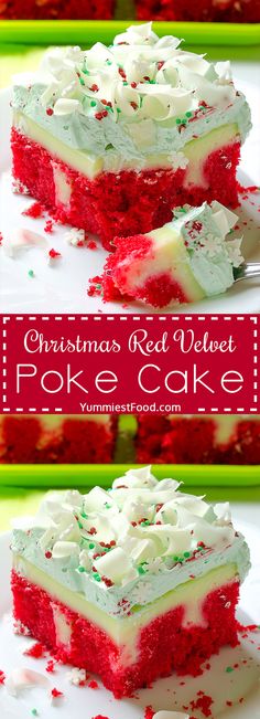 christmas red velvet poke cake with white frosting and sprinkles on top