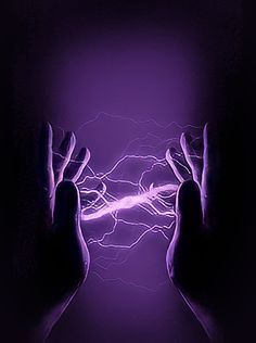 two hands reaching towards each other in front of a purple and black background with lightning