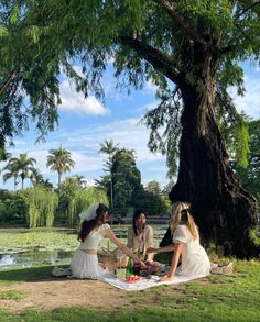 three women sitting on a blanket in front of a tree near a body of water