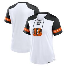 Shine in style on Cincinnati Bengals game day when you wear this Foiled Primary Lace-Up T-shirt. Made by Fanatics, it features a sporty neckline and contrasting stripes that accentuate the printed Cincinnati Bengals logo with shiny details. Mesh sleeves provide enhanced breathability for added comfort. Cincinnati Bengals Logo, Bengals Logo, Lace Up T Shirt, Fall Denim, Team T Shirts, Mesh Sleeves, Sports Blazer, Cincinnati Bengals, Outdoor Apparel