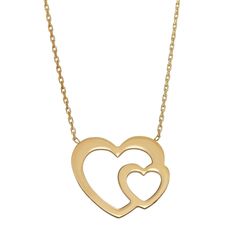 "Polished to a brilliant shine, this 10k gold double heart pendant is a charming addition to your look. Polished to a brilliant shine, this 10k gold double heart pendant is a charming addition to your look.    Pendant size: 12 mm x 12.5 mm  Chain length: adjusts from 16 in. to 18 in.  Chain type: cable  Metal: 10k gold  Finish: polished  Packaging: boxed  Please note, due to the high value of this item, a signature may be required upon delivery. Size: 16-18\" ADJ. Color: Yellow. Gender: unisex. Wooden Heart Pendant, Look Polished, Double Heart Necklace, Wooden Heart, Casual Heels, Double Heart, Wooden Hearts, Heart Pendant Necklace, 10k Gold