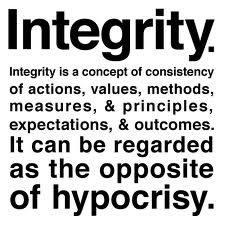 an interesting quote about hypocsis in black and white with the words, integity is a concept of constiensncy of actions, value,