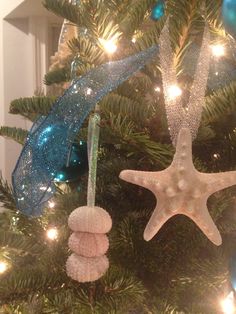 a starfish ornament hanging from a christmas tree