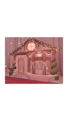 a christmas scene with a lit up house and decorations on the front door, in pink tones