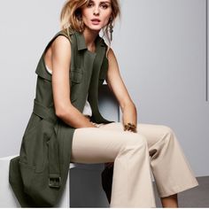 This Is Great Like New Condition! The Brand Is Olivia Palermo Chelsea 28 And It Is A Size Medium. Chic Green Sleeveless Outerwear, Khaki Sleeveless Dress For Work, Chic Khaki Workwear Dress, Sleeveless Khaki Outerwear For Work, Chic Knee-length Outerwear With Pockets, Chic Knee-length Outerwear For Daywear, Chic Khaki Sleeveless Outerwear, Chic Sleeveless Khaki Outerwear, Olive Green Vest