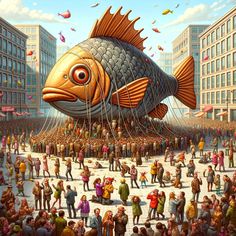 a large fish balloon floating over a crowd of people