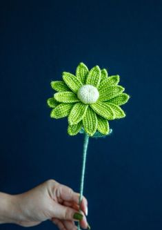 a person is holding a green flower in their hand and it looks like they are made out of crochet