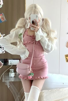 Babydoll Outfit, Pink Ruffle Dress, Ruffle Bodycon, Style Kawaii, Womens Outfits, 2 Piece Sets, Cropped Cardigan Sweater, Kawaii Fashion Outfits, Dress Suit