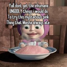 a cartoon character sitting in front of a bowl of pink powder with the caption, y'all dont get the intimate uncool y things i would do to try