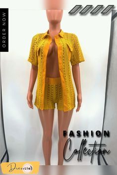 Polo Neck Lace Shirts Tops and Shorts 2 Piece Suit Yellow Two-piece Sets For Vacation, Summer Two-piece Sets With Short Sleeve, Yellow Two-piece Set For Summer, Cotton Two-piece Set With Short Sleeve, Summer Two-piece Short Sleeve Tops, Casual 2-piece Set For Vacation, Casual Yellow Two-piece Set, Yellow Short Sleeve Sets For Vacation, Casual Two-piece Beach Set